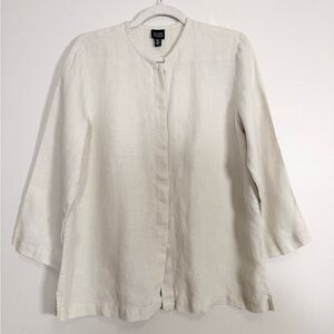 Eileen Fisher off white Irish linen collarless button down3/4 sleeve shirt Sz M